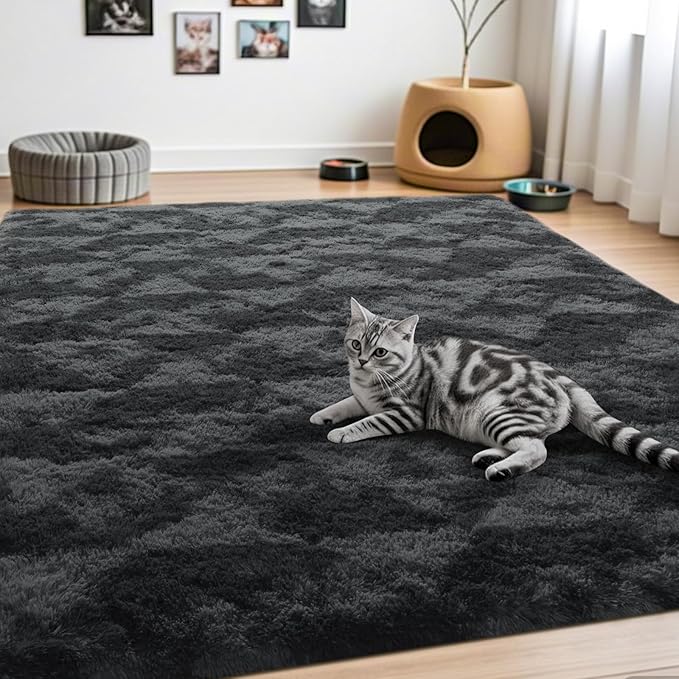 ISEAU 8x10 Area Rug for Living Room, Drak Grey Geometric Pattern Plush Rug for Bedroom, Kitchen, Soft Shaggy Carpets, Fluffy and Machine Washable Mats, Nursery Floors Mat, Boys Room Carpet Decor
