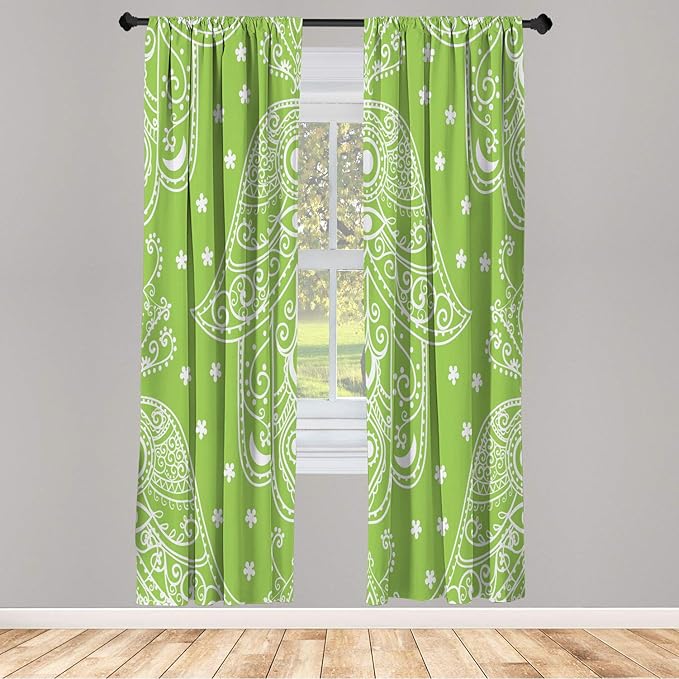 Lunarable Hamsa Window Curtains, Egyptian Boho Hand Shape Pattern Eye Design Bridal Night Inspired Art, Lightweight Decorative 2-Panel Set & Rod Pocket, Pair of - 28" x 63", Lime Green