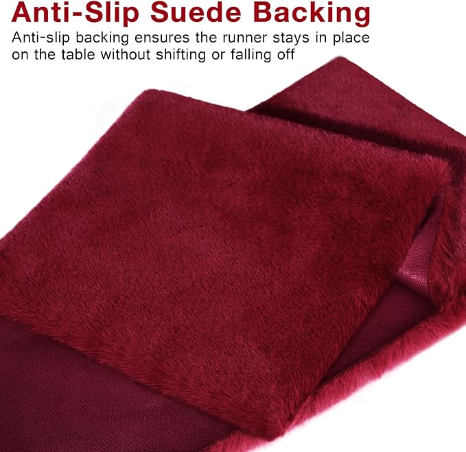 duduta Burgundy Faux Fur Table Runner 72 inches Long, Fluffy Dresser Runner Covers Holiday Wedding Home Decor