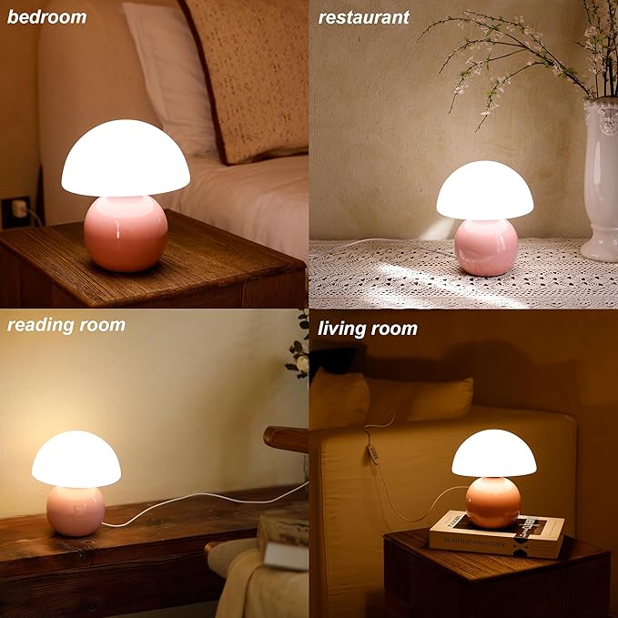 ULAROOM Small Mushroom Lamp,USB-Plug in Bedside Table Lamps with 3-Temperature LED Bulb Dimmable,Unique Cute Aesthetic Home Decor for Living Room,Bedroom, Modern Ceramic Base Glass Lamp(Pink)