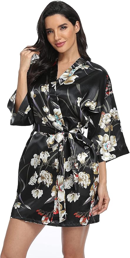 Women's Floral Satin Robes Bride Bridesmaid Getting Ready Robe Short Silky Kimono Sleepwear for Wedding Party
