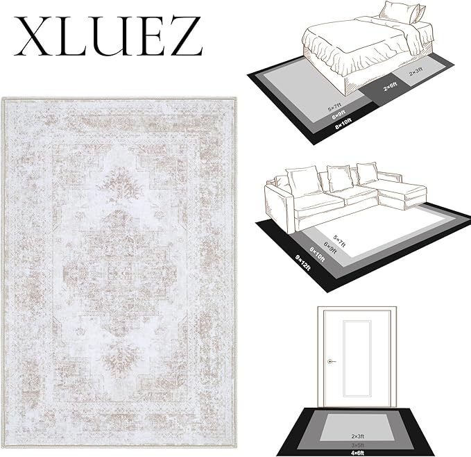 XLUEZ Area Rug 10x12 Living Room Rug, Machine Washable Vintage Distressed Medallion Rug Non-Slip Soft Low Pile Large Indoor Rugs for Bedroom Kitchen Dining Room Office(Beige,10'x12')