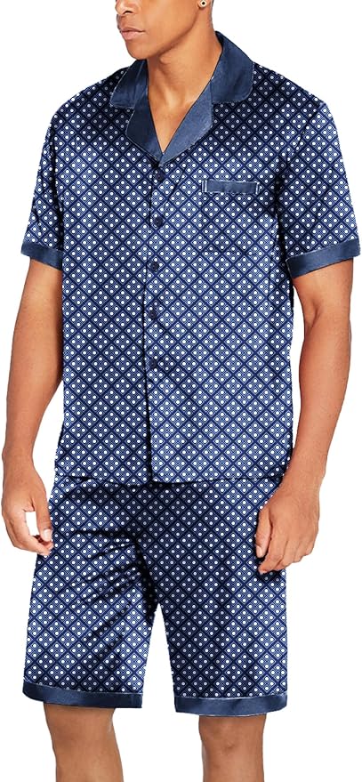 Ekouaer Men Satin Silk Pajamas Set with Pockets Sleepwear Shorts Satin Summer Loungewear 2 Piece Button Down Set S-3XL