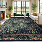 Lessymo Area Rugs 9x12 Living Room, Soft Washable Rug for Bedroom Dining Room Nursery Farmhouse, Boho Non Slip Low Plie Large Carpet Vintage Moody Dark Boho Flower, Black Green