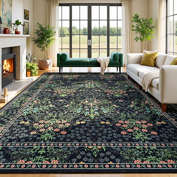 Lessymo Floral Black Green Washable Rugs 8x10, Living Room Area Rug Non Slip Boho Low Plie Large Carpet for Bedroom Dining Room Home Office, Vintage Flower Decor Distressed Retro Indoor
