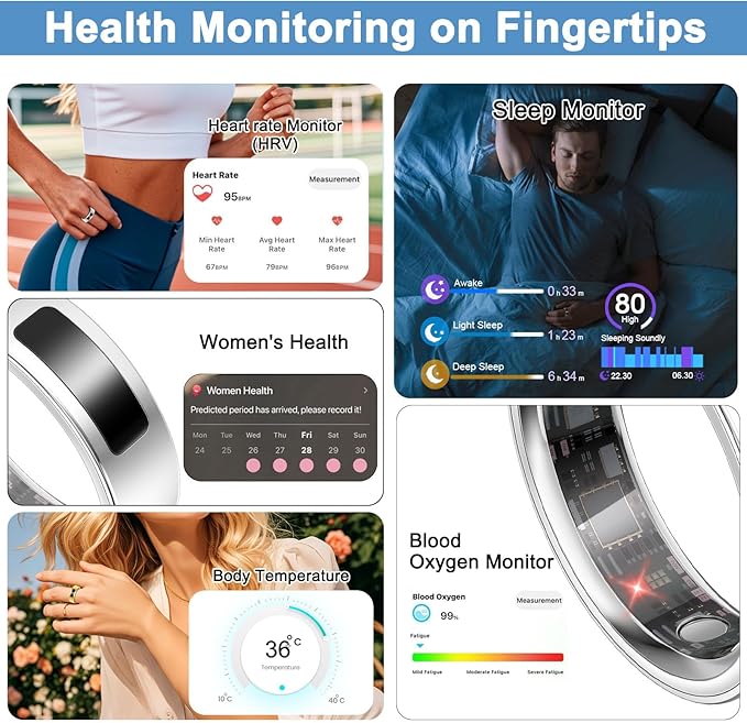 uaue Smart Health Ring for Women Men, Vibration Alert, Touch Control, Fitness Tracker Ring with Sleep/Women's Health/Heart Rate/Steps, IP68 Waterproof for iPhone and Android, Silver 10,No Subscription