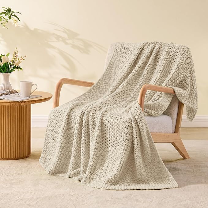BEDELITE Chunky Cable Knit Throw Blanket for Couch,Super Soft Cozy Woven Blanket for Room Decor,60"x80", Beige