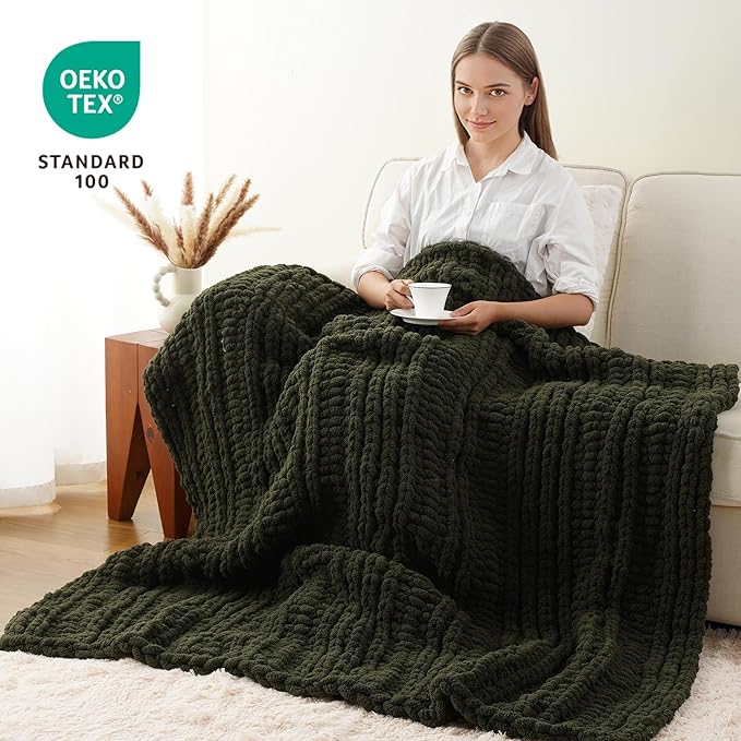 Battilo Chunky Knit Throw Blanket for Couch, Super Soft Warm Cozy Chenille Throw Blanket, Olive Green Blanket for Bed, Sofa, Living Room, 50"x60"