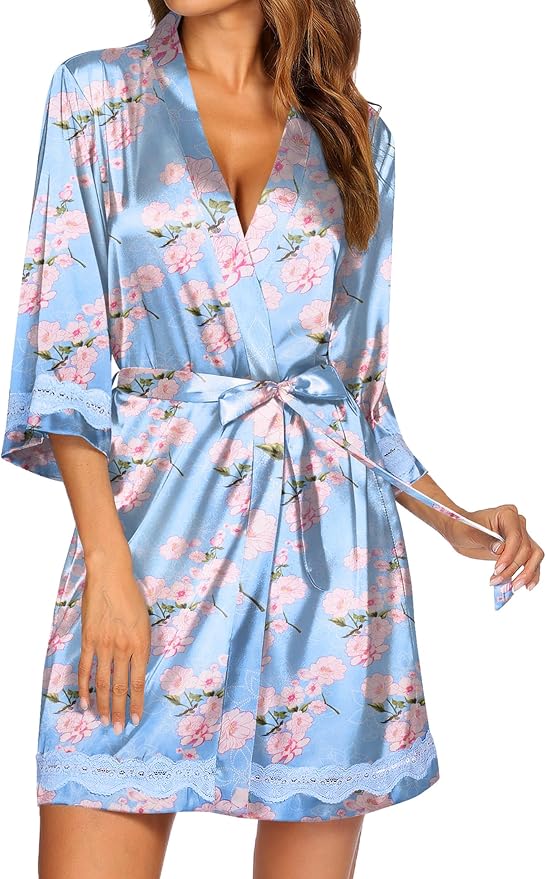 Ekouaer Women's Lace-Trim Silk Robes Bride Bridesmaid Kimono Satin Bathrobe V Neck Sleepwear with 3/4 Sleeve