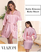 Vlazom Womens Kimono Robes Dressing Gown Satin Bathrobe Nightdress Short Style Bridal Robe