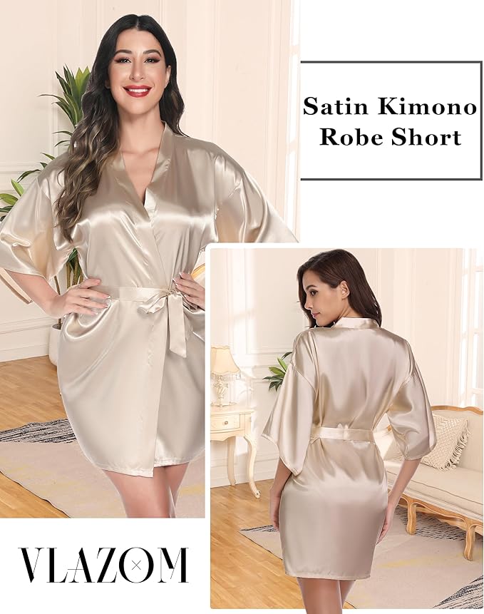 Vlazom Womens Kimono Robes Dressing Gown Satin Bathrobe Nightdress Short Style Bridal Robe
