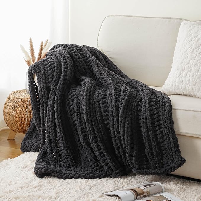Battilo Chunky Knit Throw Blanket for Couch, Dark Grey Chenille Throw Blanket Thick Warm Cozy Soft Cable Knitted Blanket for Sofa,Bed, Living Room, 50"x60"