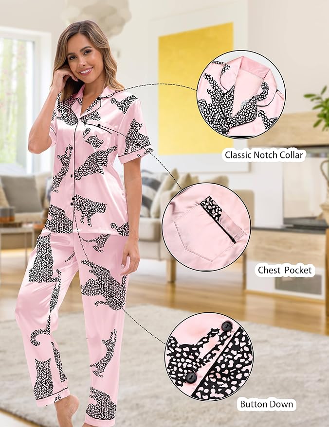 Silk Satin Pajama Set for Women 3-piece Short Sleeve Pajama with Pants Ruffle Shorts Cute Pj Set Button Down Sleepwear