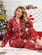 SWOMOG Womens Silk Satin Pajamas Set Long Sleeve Button Down Sleepwear 2 Piece Lounge Set Pj Set XS-3XL