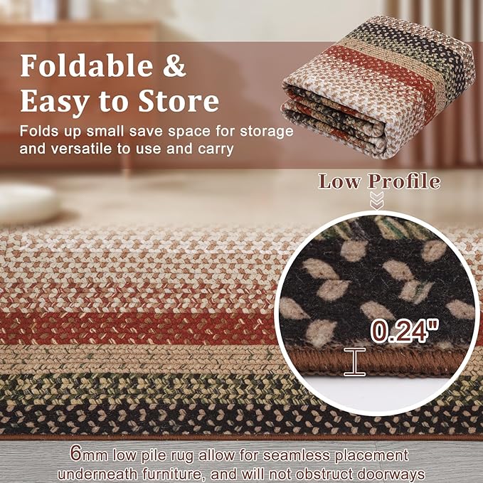 RUGSREAL 9x12 Braided Rug Washable Living Room Rug Modern Braid Printed Large Bedroom Rug with Rubber Backing Farmhouse Accent Large Carpet for Dining Room Home Decor Office, Crimson/Earthy