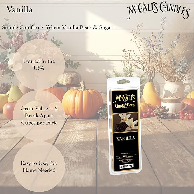 McCall’s Candles | Vanilla | Scented Wax Melt | Classic Vanilla Bean & Soft Sugar | 6-Piece Break-Apart Bar | 12–24 Hours Per Wedge | Poured in the USA | 5.5 oz