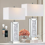 Modern Table Lamp Set of 2 Touch Control, Silver Mirror Big Diamond Crystal Bedside Lamp with USB C+A Ports, 3-Way Dimmable Mirrored Nightstand Lamps White Fabric Shade for Living Room Bedroom