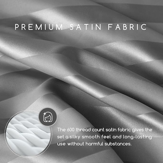 MR&HM Satin Bed Sheets, Queen Size Sheets Set, 4 Pcs Silky Bedding Set with 15 Inches Deep Pocket for Mattress (Queen, Dark Grey Striped)