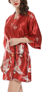 Women Kimono Robes Satin Dressing Gown Crane and Blossoms Sleep Lounge Nightwear Short Silk Bride Bridesmaid Robe