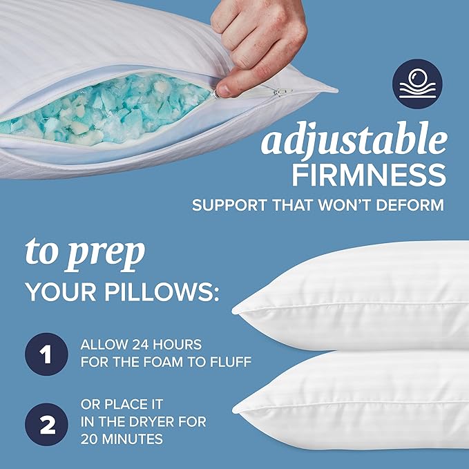 Beckham Hotel Collection King Size Memory Foam (Adjustable Fill) Bed Pillows Set of 2 - Cooling Shredded Foam Pillow for Back, Stomach or Side Sleepers (Pack of 2)