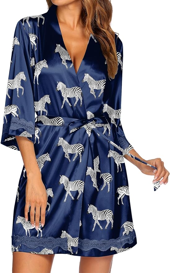 Ekouaer Women's Lace-Trim Silk Robes Bride Bridesmaid Kimono Satin Bathrobe V Neck Sleepwear with 3/4 Sleeve