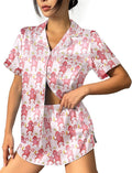 Ekouaer Womens Silk Satin Pajama Set Print Short Sleeve Sleepwear Button Down Pjs Shorts Set Loungewear