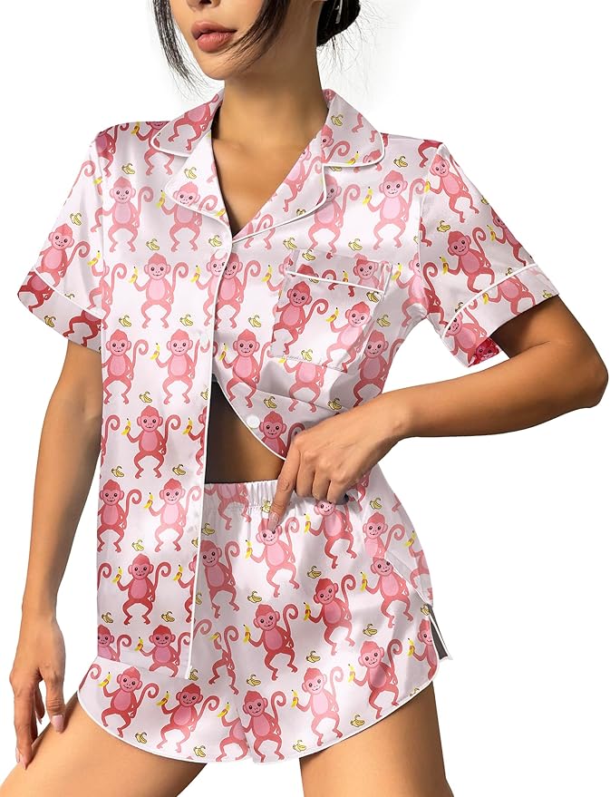 Ekouaer Womens Silk Satin Pajama Set Print Short Sleeve Sleepwear Button Down Pjs Shorts Set Loungewear
