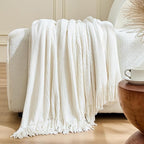 inhand Throw Blanket for Couch Bed,Chunky Chenille Woven Soft Blankets with Tassels, Cozy Boho Farmhouse Fall Winter Decor,Warm for Women,60"x80",Medium Thick-Off White