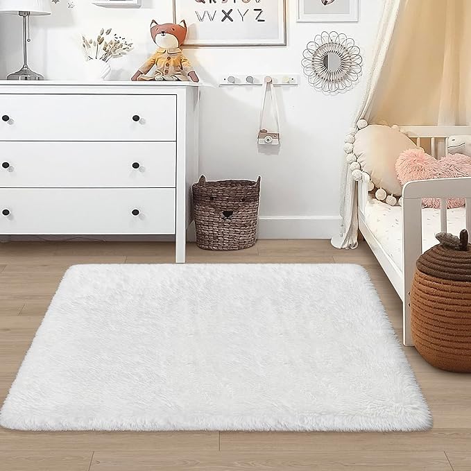 White Fluffy Rugs for Bedroom Living Room 3x5 Plush Shaggy Area Rug Soft Fuzzy Fur Throw Carpets Kids Rug for Nursery Boys Girls Baby Dorm Room Home Decor Aesthetic