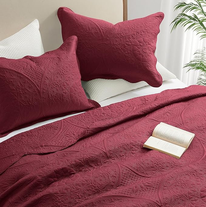 IR Imperial Rooms King Quilt Bedding Set Size (106" x 96") + 2 Pillow Shams (20" x 36"+ 2") - 3 Pcs All Season Lightweight Reversible Microfiber Coverlet Floral Embossed Quilt Bedspread (Burgundy)