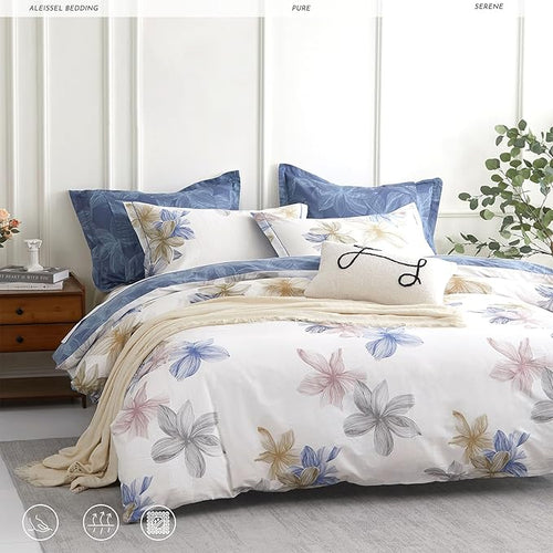 ALEISSEL Natural Cotton 3pcs Floral Comforter Sets King Size - Grayish White Comfoter with Blush & Tan Floral Print, Aegean Blue Reverse, Vintage Lightweight Bedding Sets(King 104"×90")