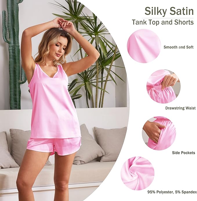 MOYEE Women Silk Pajama Set Soft Satin V Neck Tank Top and Shorts 2 Piece lounge Sets with Pockets