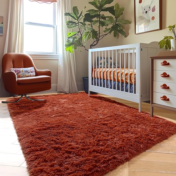 Amdrebio Terracotta Rust Area Rugs for Bedroom Living Room, Fluffy Shaggy Furry Fuzzy Rug 5x8 for Kids Room Decor Aesthetic, Modern Cute Plush Shag Rustic Carpet for Nursery Dorm Classroom Playroom