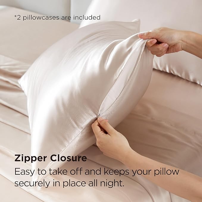Bedsure Satin Pillowcase with Zipper, King Size Satin Pillow Cases Set of 2, Similar to Silk Pillow Cases 2 Pack, Silky & Soft Pillow Cover for Hair and Skin, Gifts for Women Men, Beige, 20x36 Inches
