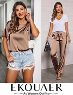 Ekouaer Womens Satin Silky Pajama Set Short Sleeve Shirt with Long Pajama Pant Set Soft PJ Loungewear