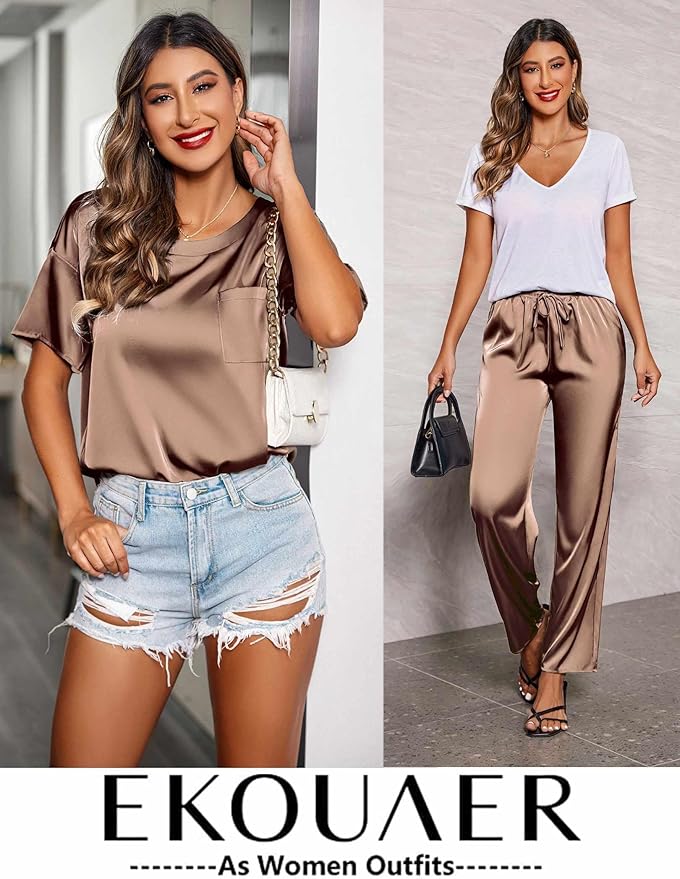 Ekouaer Womens Satin Silky Pajama Set Short Sleeve Shirt with Long Pajama Pant Set Soft PJ Loungewear