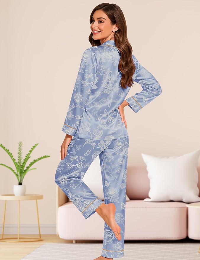 DOLOS Silk Satin Pajama Set for Women Short/Long Sleeve 2-Piece Silky Pajamas for Women Button Down Pjs Sleepwear Loungewear