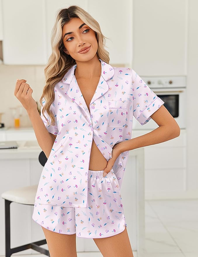 Ekouaer Womens Silk Satin Pajama Sets 2 Piece Button Down Silk Pjs Shorts Sets Cute Print Short Sleeve Sleepwear S-4XL