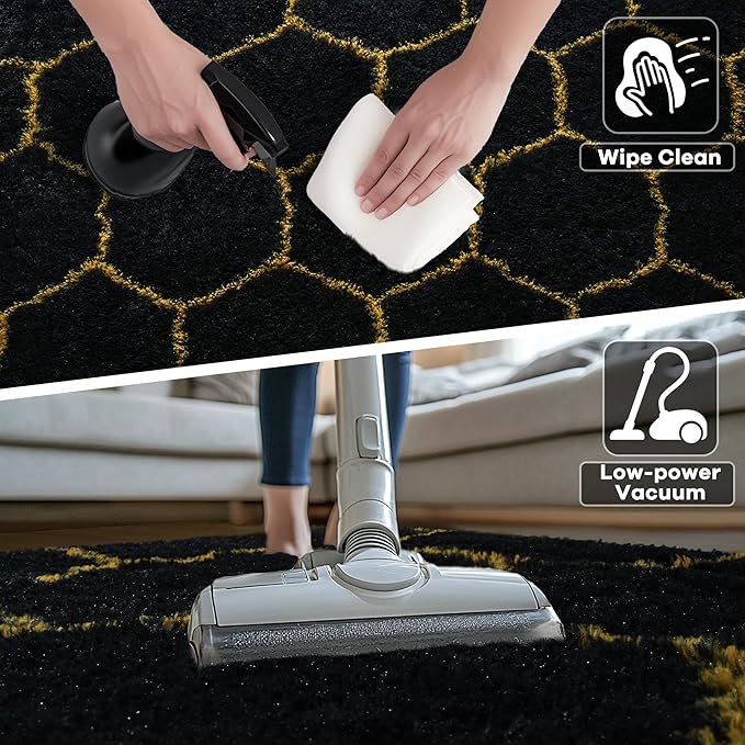 Fluffy 5x8 Area Rugs for Bedroom Living Room,Thick Shag Throw Floor Carpet,Soft Shaggy Bedside Non-Slip Rug Black Gold