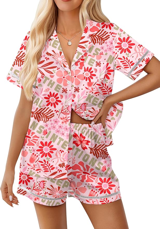 Ekouaer Womens Silk Pajama Sets Button Up Satin Pjs Short Sleeve 2 Piece Pj Sets Cute Lounge Sets with Chest Pocket