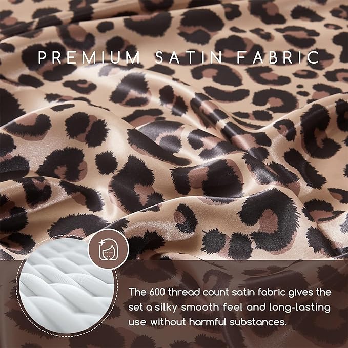 MR&HM Satin Bed Sheets with Elastic Corner Straps, Queen Size Sheets Set, 6 Pcs Silky Bedding Set with 15 Inches Deep Pocket for Mattress (Queen, Brown Leopard)
