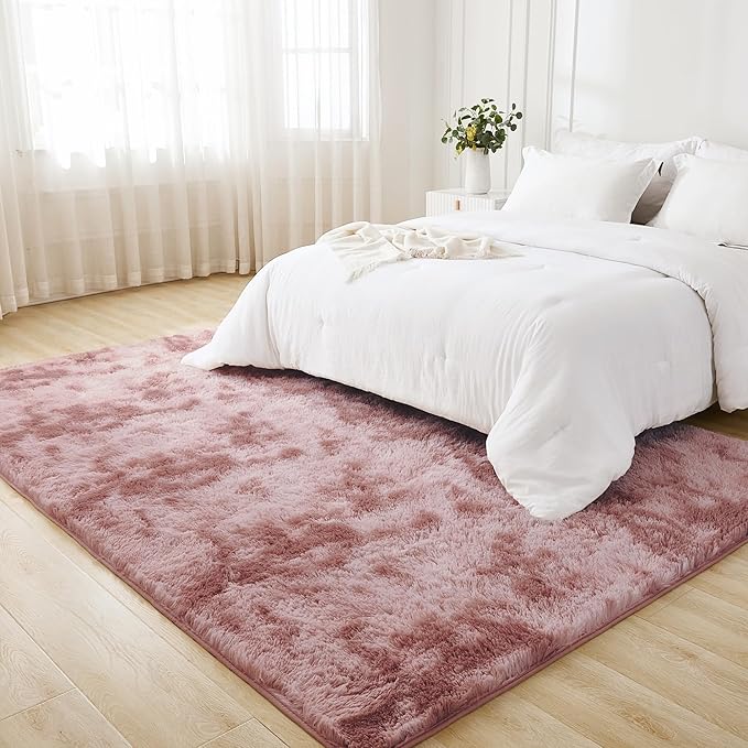 Litanika 8x10 Shag Area Rug for Living Room Bedroom, Tie-Dyed Dusty Pink High Pile Soft Plush Shaggy Furry Bedside Playroom Dorm Carpet, Non-Slip, Non-Shedding Modern Indoor Floor Rug