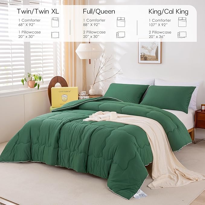 COTTEBED Softness Comforter Set King Size Bed, Jersey Knit Cotton T-Shirt Feel Ultra-Soft Comy Lightweight Bedding Quilt Blanket Pillowsham All Season, California/Cal King Emerald/Hunter/Forest Green