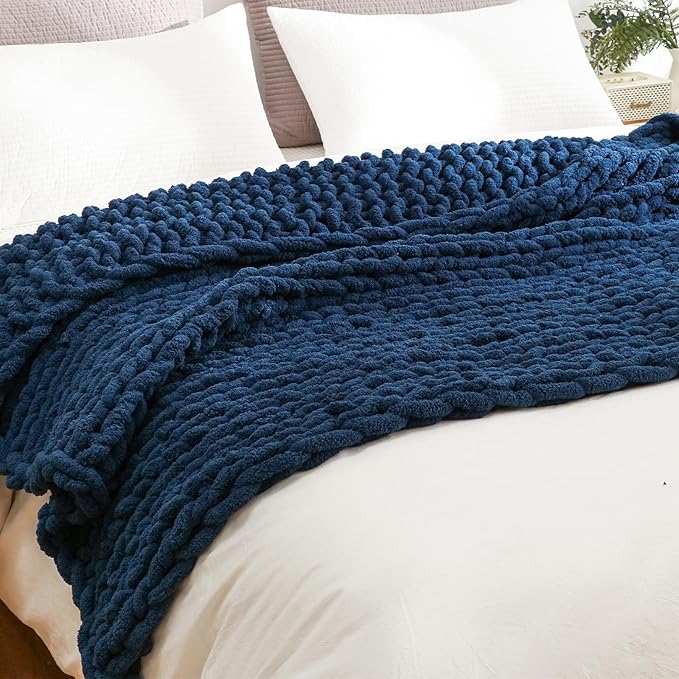 YAAPSU Chunky Knit Throw Blanket for Couch, 51"x63", 100% Hand Knitted Thick Cable Knit with Cozy Jumbo Chenille Yarn, Soft Large Rope Knot Crochet Blankets for Sofa Bed Living Room Décor, Navy Blue