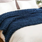 YAAPSU Chunky Knit Throw Blanket for Couch, 51"x63", 100% Hand Knitted Thick Cable Knit with Cozy Jumbo Chenille Yarn, Soft Large Rope Knot Crochet Blankets for Sofa Bed Living Room Décor, Navy Blue