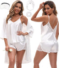 EPLAZA 3 Pcs Silk Pajamas for Women Satin Pajama Set Sexy Lace V-neck Cami Top Shorts Pjs Set with Robe Sleepwear