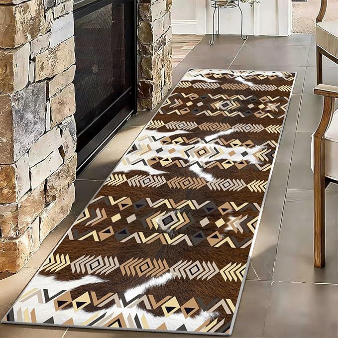 Western Runner Rug,3x12ft,Farmhouse Cow Print Runner Rug,Southwestern Native American Aztec Kitchen Rugs,Soft Non-Slip Washable Rustic Cabin Decor Cowhide Rugs,for Hallways Entry Western Decor