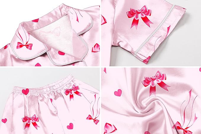 Umeyda Girls Womens Pajamas Set, Satin Silky Button Down Loungewear 2 Piece Short Sleeve Pants PJS Sets for Mommy Kids
