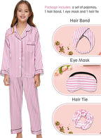 EPLAZA Kids Satin Pajamas Sets Girls Boys Button-Down Silky Pajamas Sleepwear with Hairband Eye Mask Hair Tie