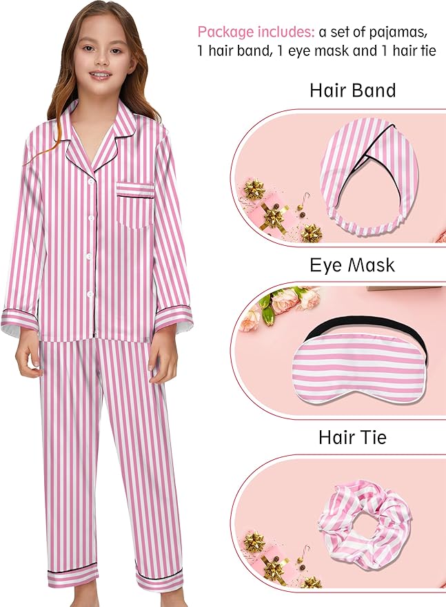 EPLAZA Kids Satin Pajamas Sets Girls Boys Button-Down Silky Pajamas Sleepwear with Hairband Eye Mask Hair Tie